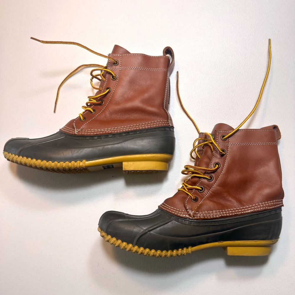 Lands' End Duck Boots Women's 9B Brown Leather Waterproof Lace Up Yellow Eu 40 - Picture 2 of 11